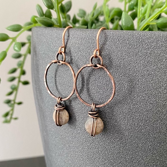 Handcrafted Moonstone + Copper Dangle Hoop Earrings - Picture 6 of 6